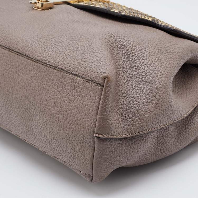 Pre Owned Tod's Grey/Beige Leather and Python Flap Top Handle Bag