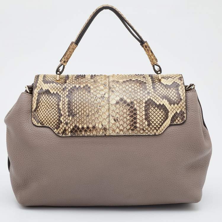 Pre Owned Tod's Grey/Beige Leather and Python Flap Top Handle Bag