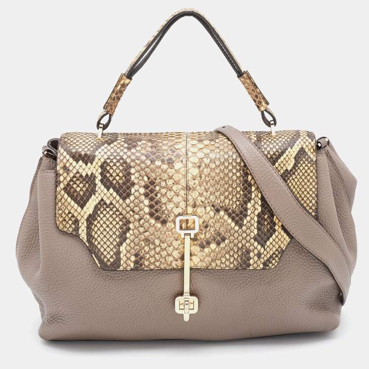 Pre Owned Tod's Grey/Beige Leather and Python Flap Top Handle Bag