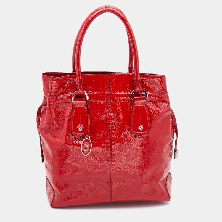 Pre Owned Tod's Red Patent Leather Drawstring Tote