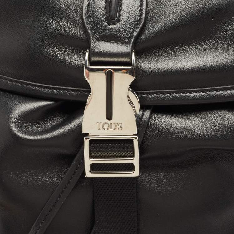Pre Owned Tod's Black Leather Drawstring Flap Backpack