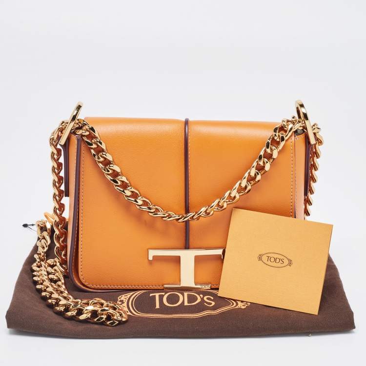 Pre Owned Tod's Orange Leather T Timeless Chain Shoulder Bag