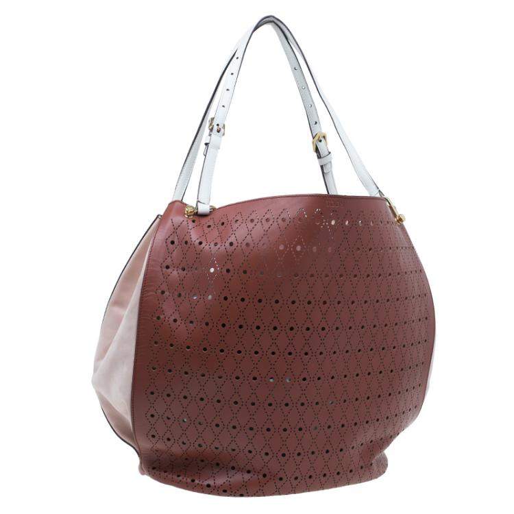 Pre Owned Tod's Brown Two Tone Perforated Leather Signature Secchiello Traforo Tote + Clutch