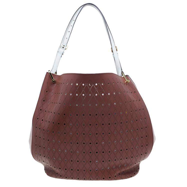 Pre Owned Tod's Brown Two Tone Perforated Leather Signature Secchiello Traforo Tote + Clutch