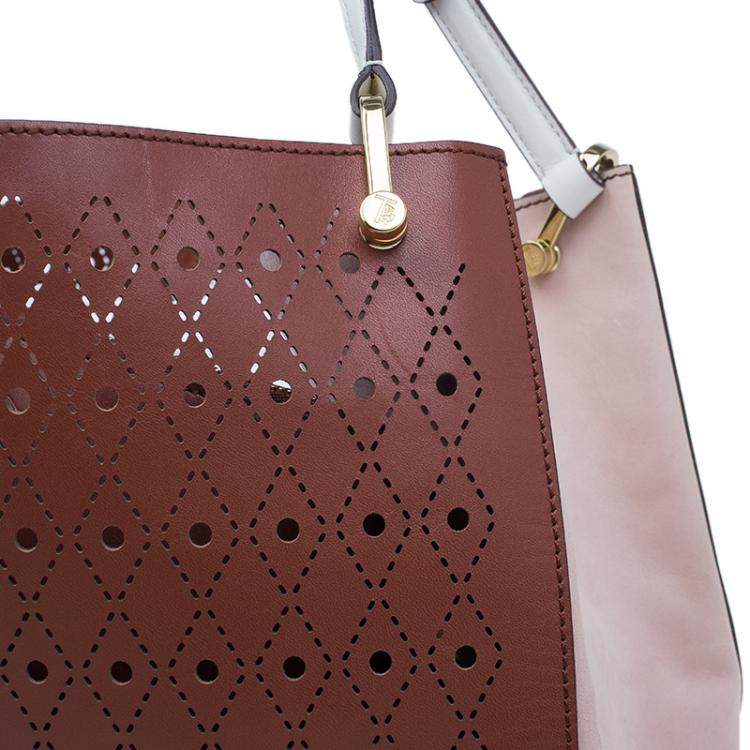 Pre Owned Tod's Brown Two Tone Perforated Leather Signature Secchiello Traforo Tote + Clutch