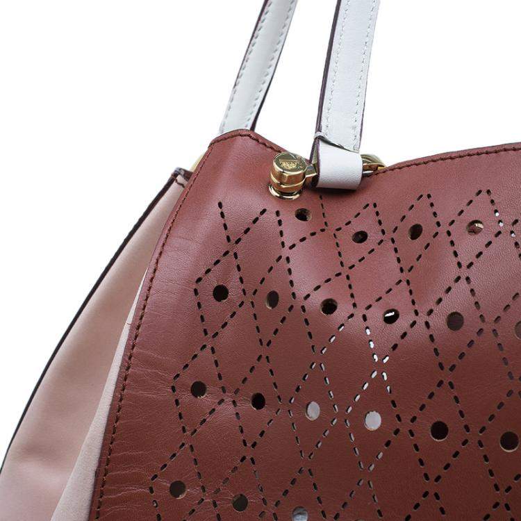 Pre Owned Tod's Brown Two Tone Perforated Leather Signature Secchiello Traforo Tote + Clutch