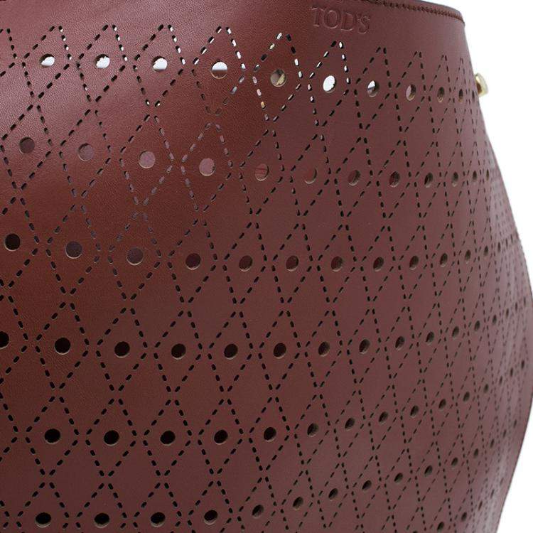 Pre Owned Tod's Brown Two Tone Perforated Leather Signature Secchiello Traforo Tote + Clutch
