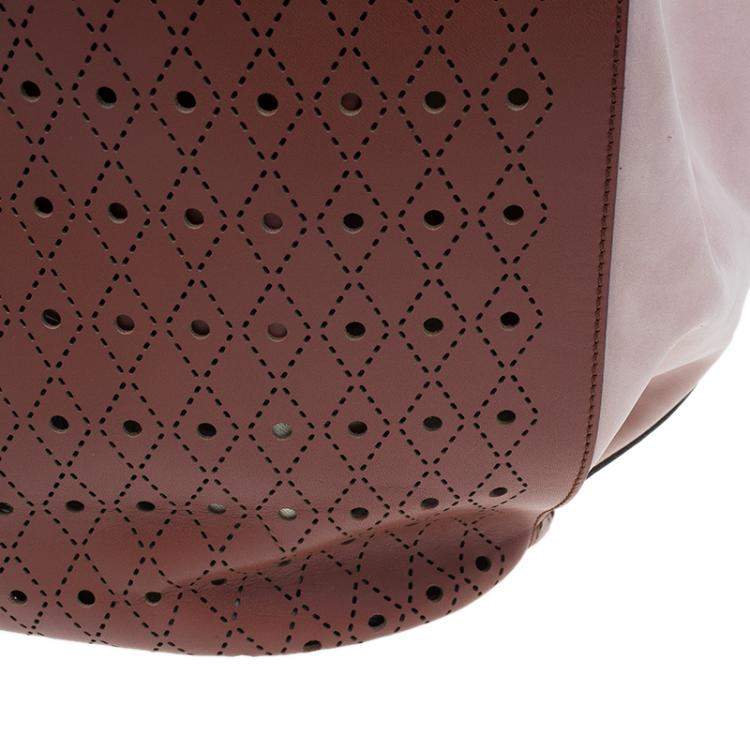 Pre Owned Tod's Brown Two Tone Perforated Leather Signature Secchiello Traforo Tote + Clutch