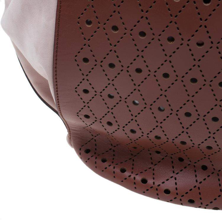 Pre Owned Tod's Brown Two Tone Perforated Leather Signature Secchiello Traforo Tote + Clutch