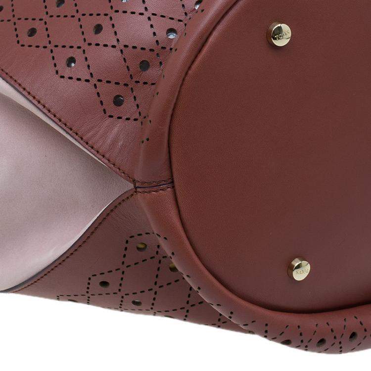 Pre Owned Tod's Brown Two Tone Perforated Leather Signature Secchiello Traforo Tote + Clutch