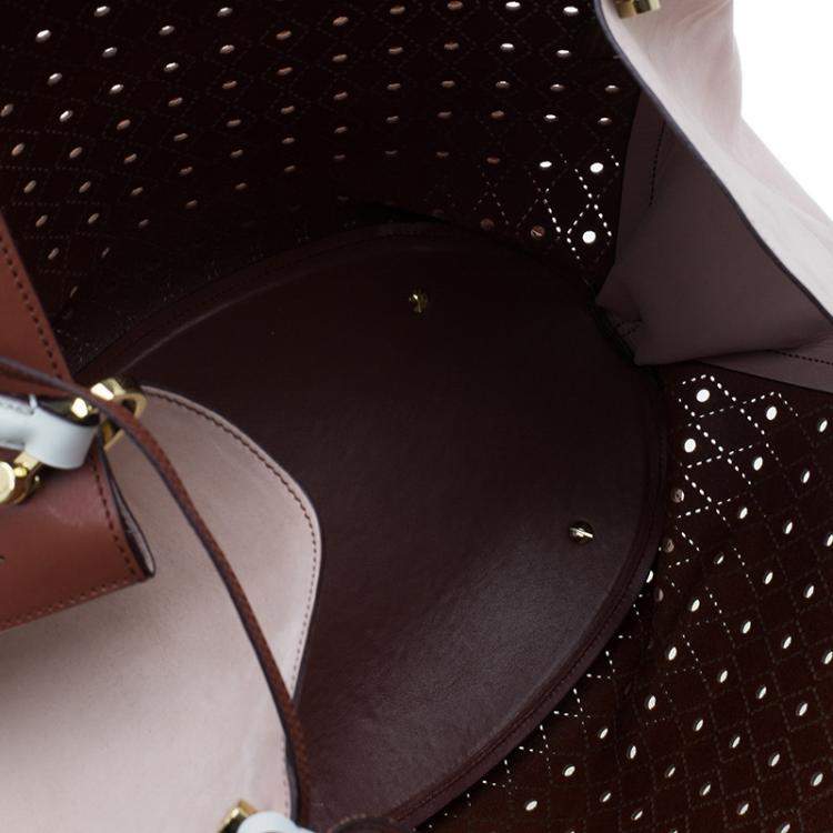 Pre Owned Tod's Brown Two Tone Perforated Leather Signature Secchiello Traforo Tote + Clutch