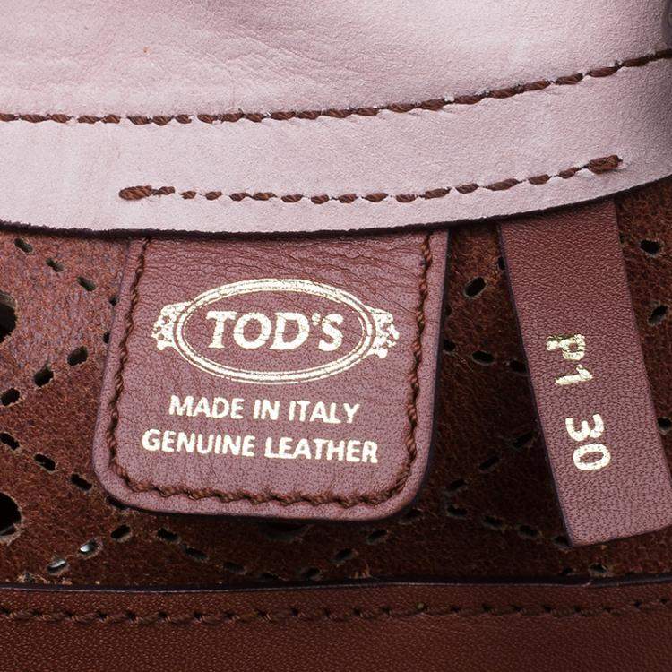 Pre Owned Tod's Brown Two Tone Perforated Leather Signature Secchiello Traforo Tote + Clutch