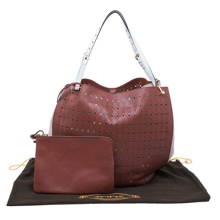 Pre Owned Tod's Brown Two Tone Perforated Leather Signature Secchiello Traforo Tote + Clutch