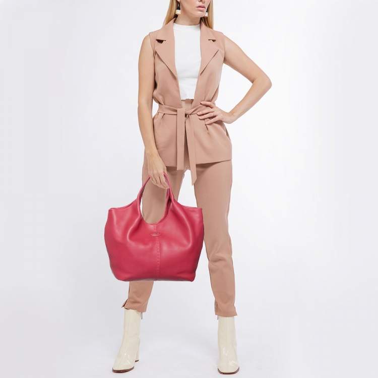 Pre Owned Tod's Pink Leather Media Shopper Tote