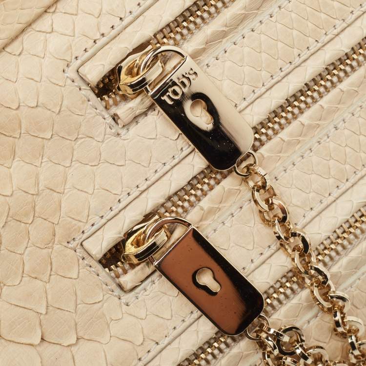 Pre Owned Tod's Cream Python Triple Zip Chain Clutch 