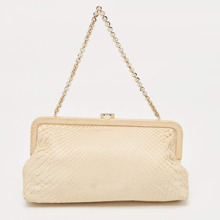 Pre Owned Tod's Cream Python Triple Zip Chain Clutch 