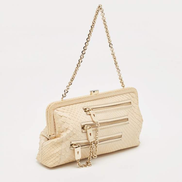 Pre Owned Tod's Cream Python Triple Zip Chain Clutch 