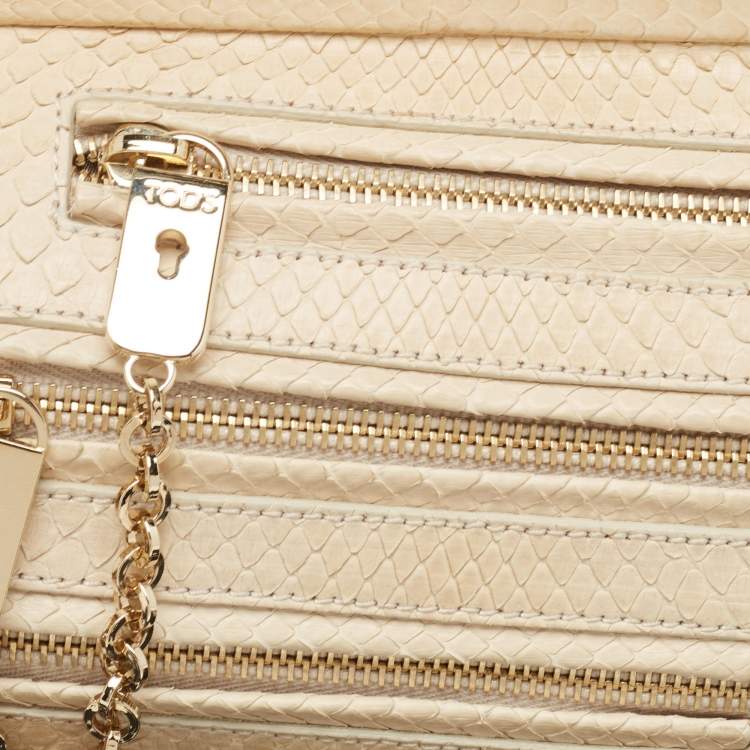Pre Owned Tod's Cream Python Triple Zip Chain Clutch 