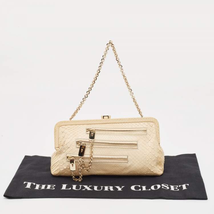 Pre Owned Tod's Cream Python Triple Zip Chain Clutch 
