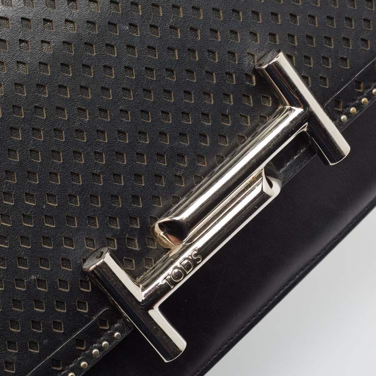 Pre Owned Tod's Black Perforated Leather Double T Crossbody Bag