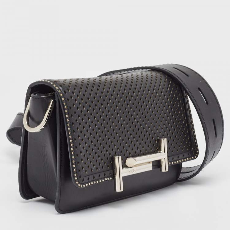 Pre Owned Tod's Black Perforated Leather Double T Crossbody Bag