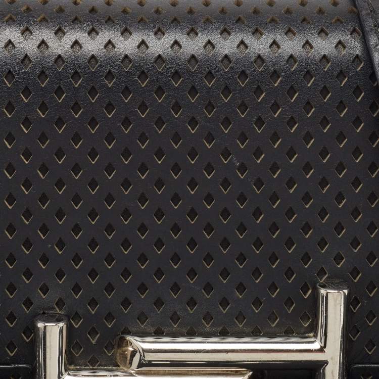 Pre Owned Tod's Black Perforated Leather Double T Crossbody Bag