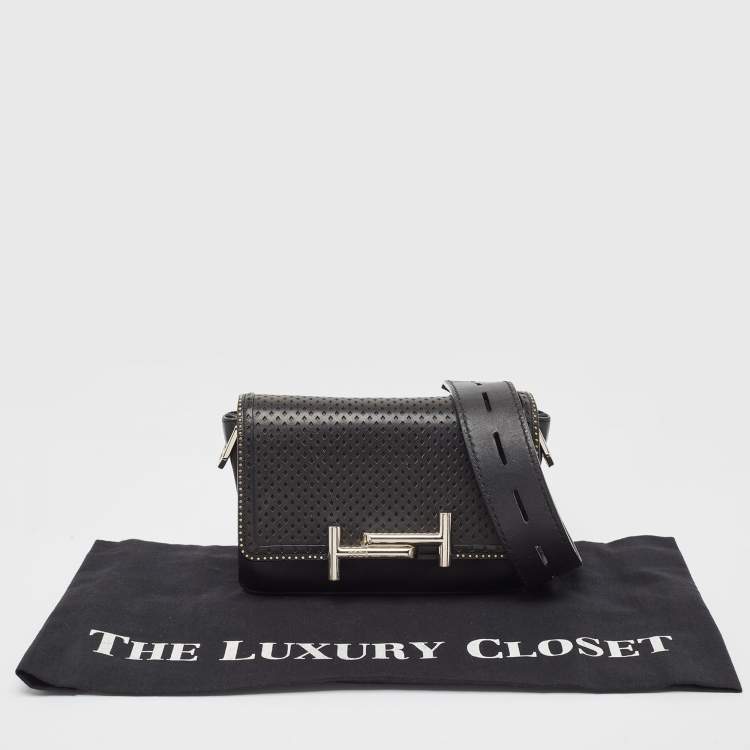 Pre Owned Tod's Black Perforated Leather Double T Crossbody Bag