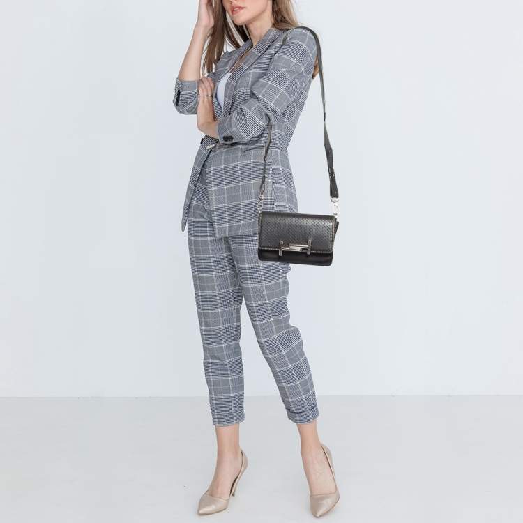 Pre Owned Tod's Black Perforated Leather Double T Crossbody Bag