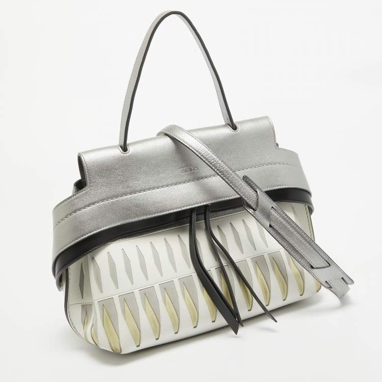 Pre Owned Tod's Metallic Grey/White Leather Wave Laser Top Handle Bag