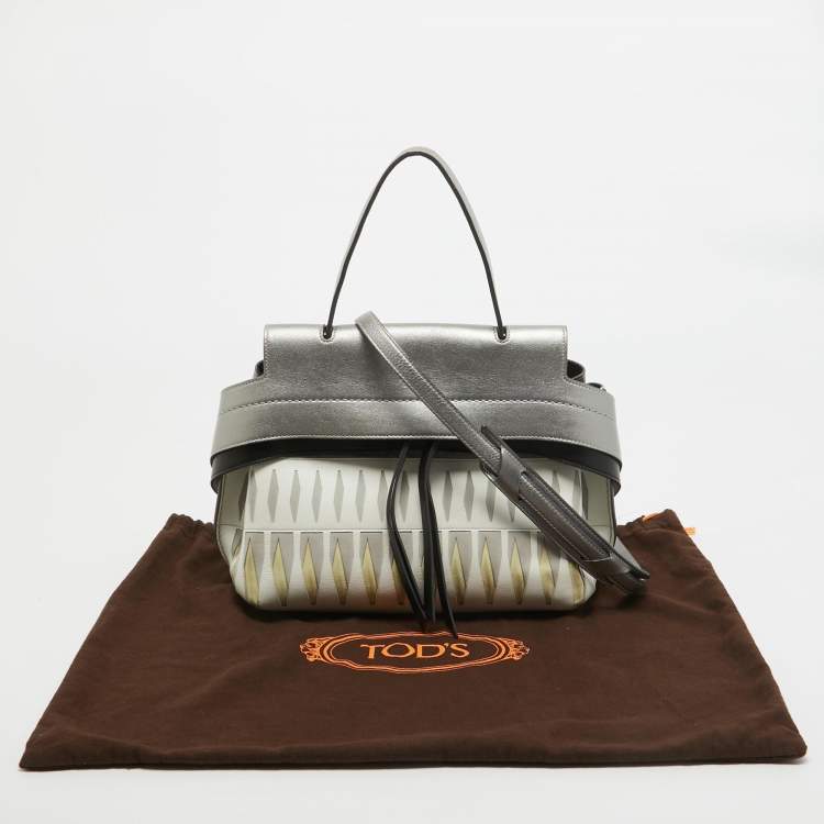 Pre Owned Tod's Metallic Grey/White Leather Wave Laser Top Handle Bag