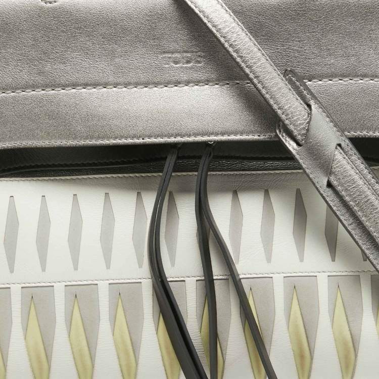 Pre Owned Tod's Metallic Grey/White Leather Wave Laser Top Handle Bag