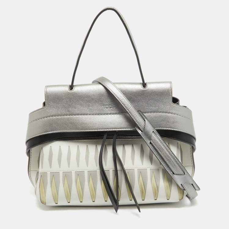 Pre Owned Tod's Metallic Grey/White Leather Wave Laser Top Handle Bag