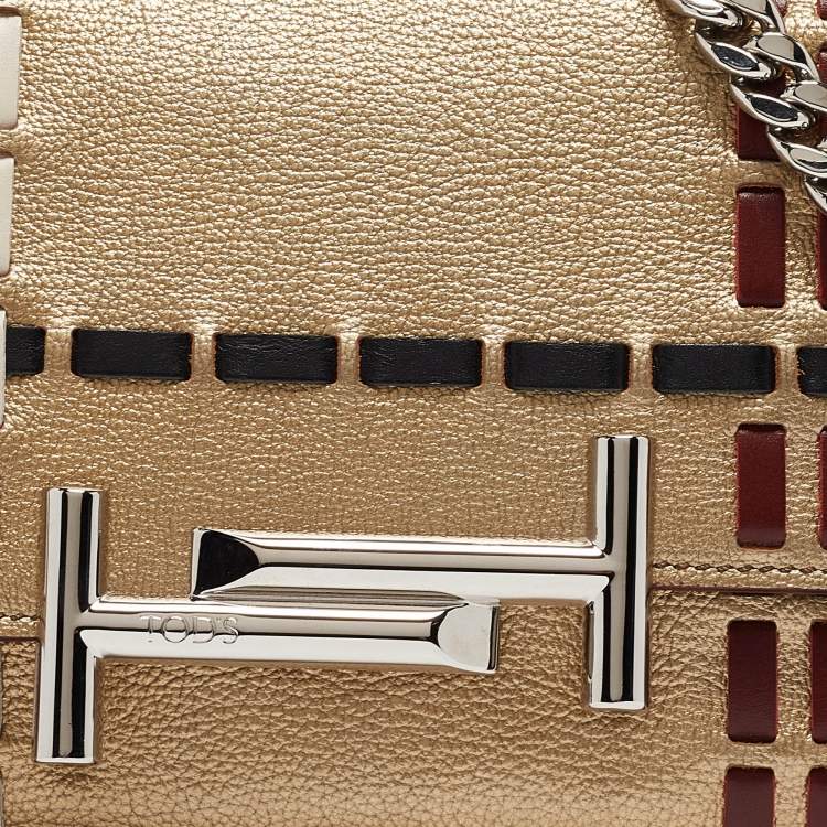 Pre Owned Tod's Gold Leather Mini Double T Shoulder Bag