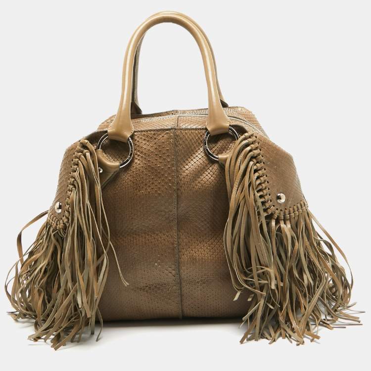 Pre Owned Tod's Beige Snakeskin and Leather Fringe Satchel