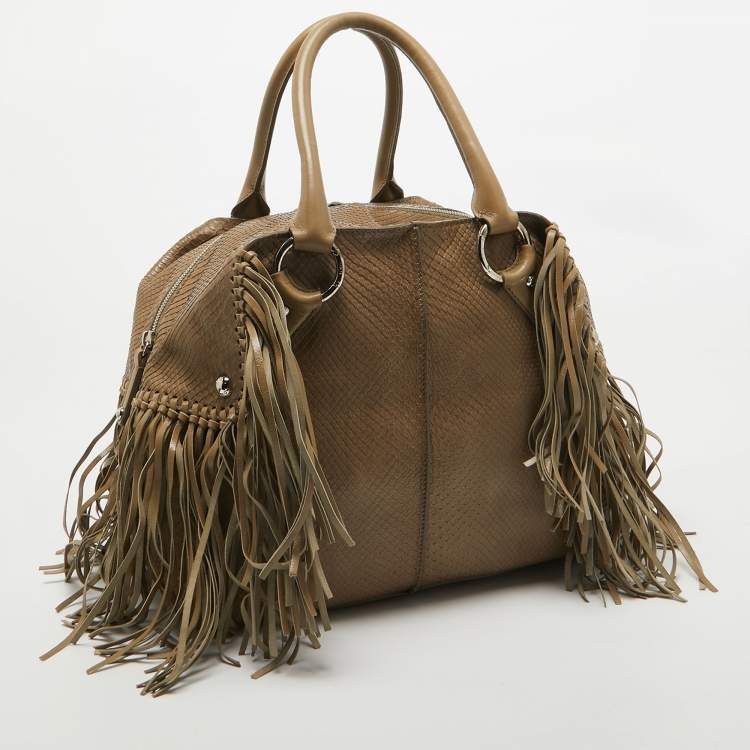 Pre Owned Tod's Beige Snakeskin and Leather Fringe Satchel