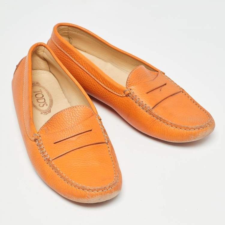 Pre Owned Tod's Orange Leather Penny Slip On Loafers Size 41