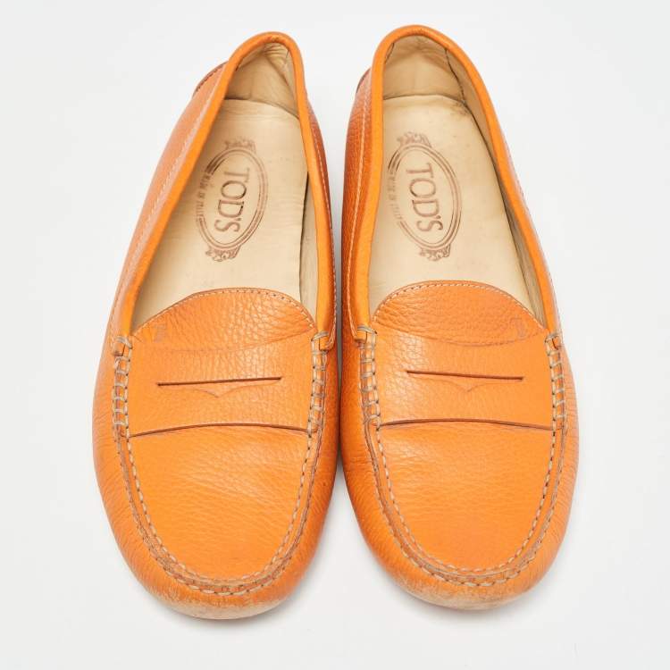 Pre Owned Tod's Orange Leather Penny Slip On Loafers Size 41