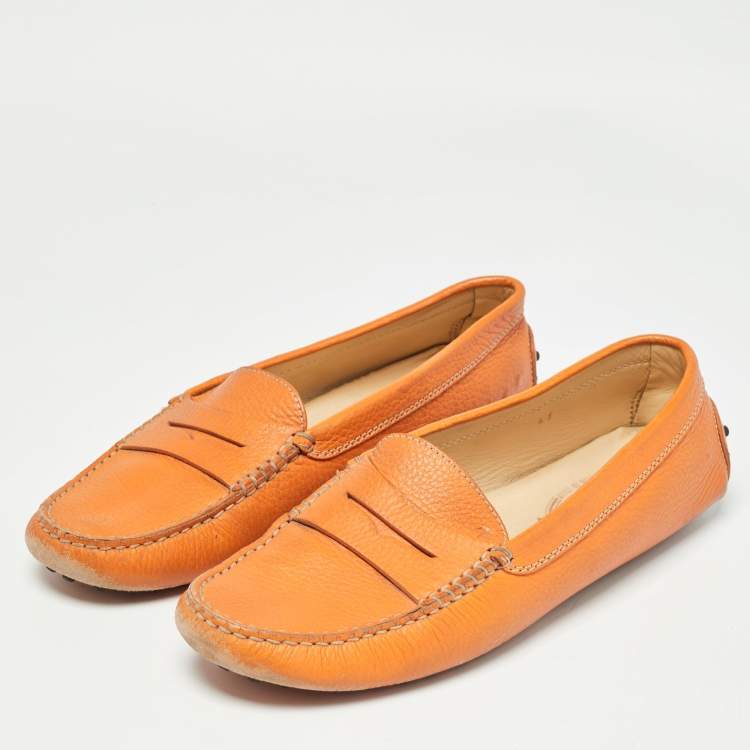 Pre Owned Tod's Orange Leather Penny Slip On Loafers Size 41