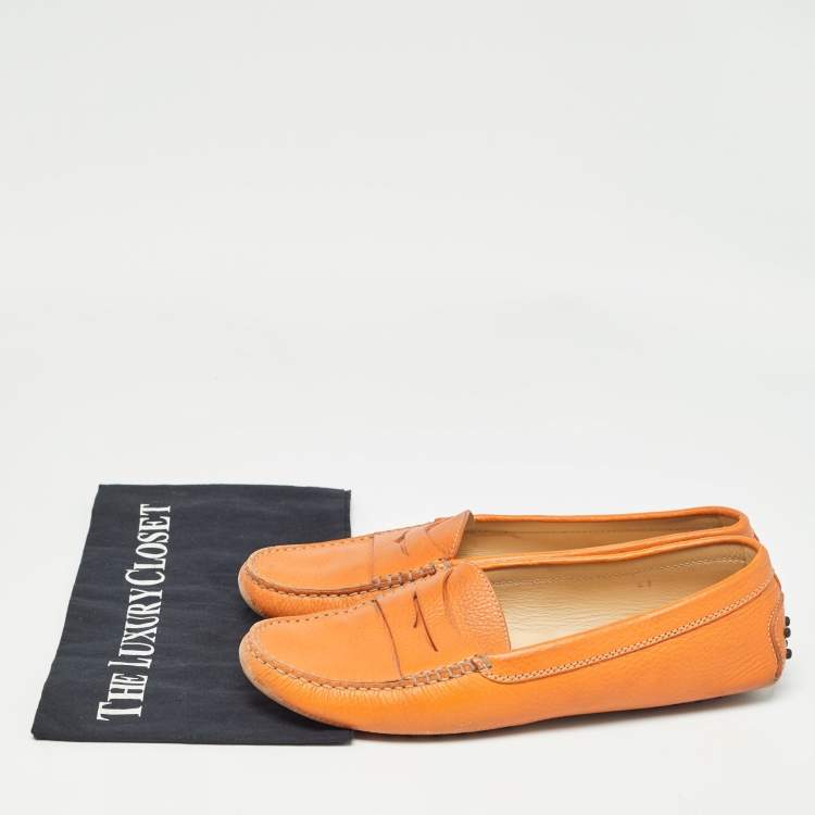 Pre Owned Tod's Orange Leather Penny Slip On Loafers Size 41