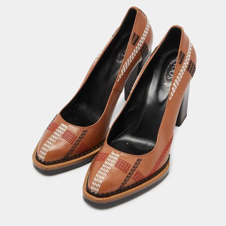 Pre Owned Tod's Brown Leather Platform Pumps Size 37.5 