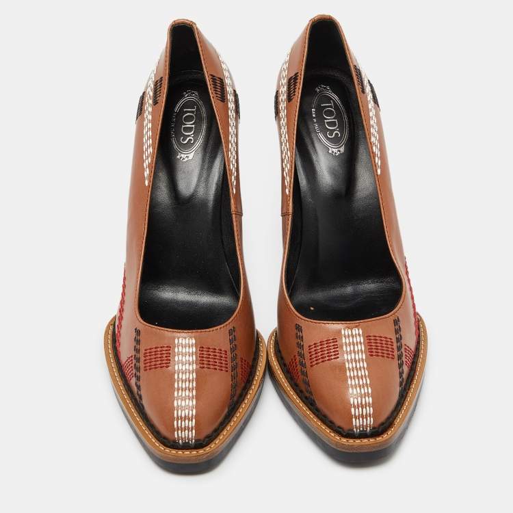 Pre Owned Tod's Brown Leather Platform Pumps Size 37.5 