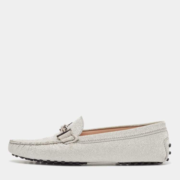 Pre Owned Tod's Silver Glitter Double T Buckle Loafers Size 38.5