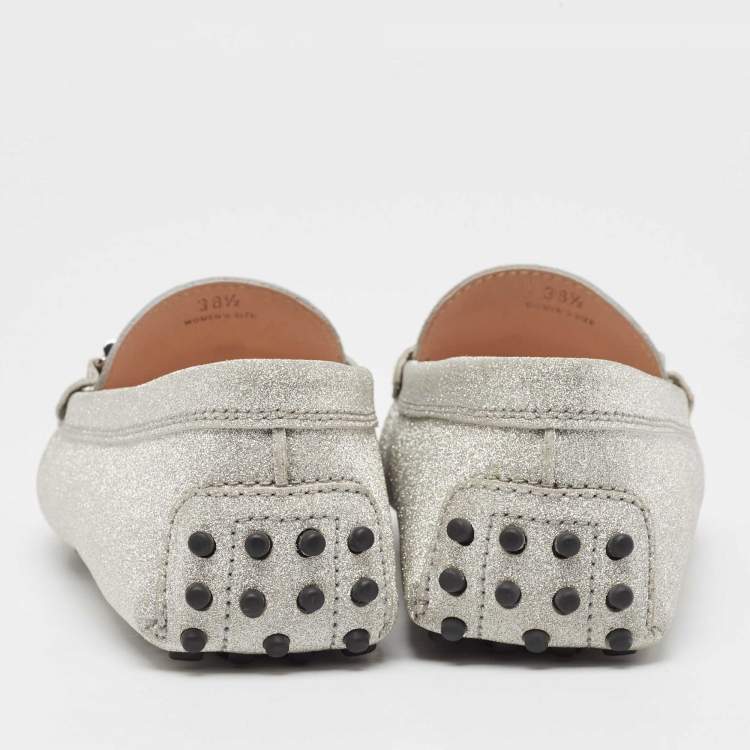 Pre Owned Tod's Silver Glitter Double T Buckle Loafers Size 38.5