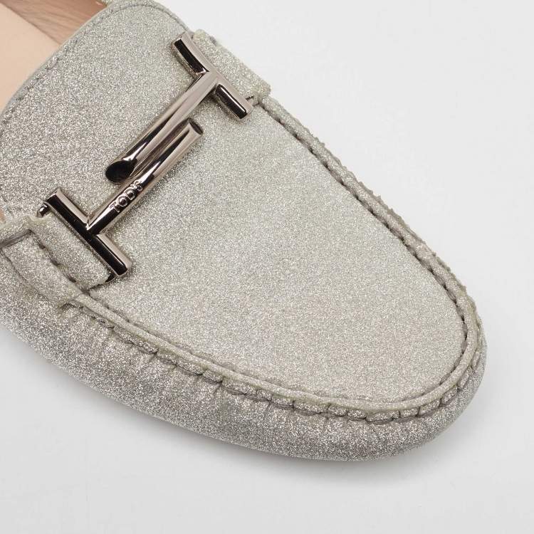 Pre Owned Tod's Silver Glitter Double T Buckle Loafers Size 38.5