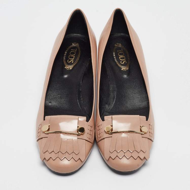 Pre Owned Tod's Beige Leather Fringe Detail Loafer Pumps Size 39