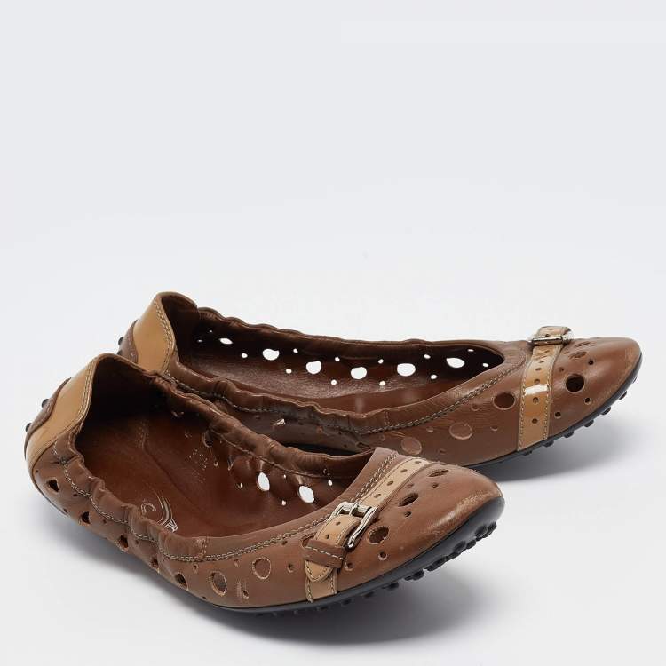 Pre Owned Tod's Brown Laser Cut Leather Scrunch Ballet Flats Size 37.5
