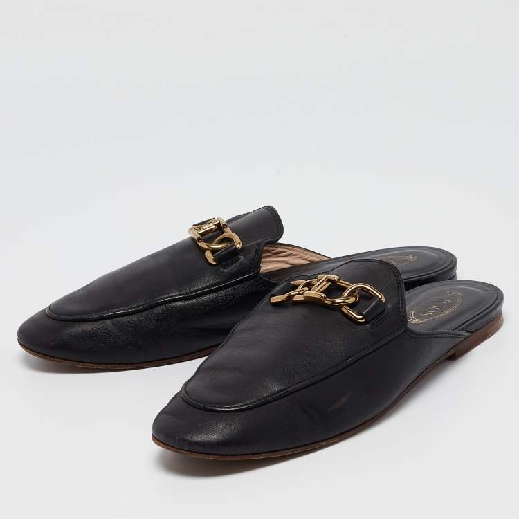 Pre Owned Tod's Black Leather Slip On Mules Size 37.5 