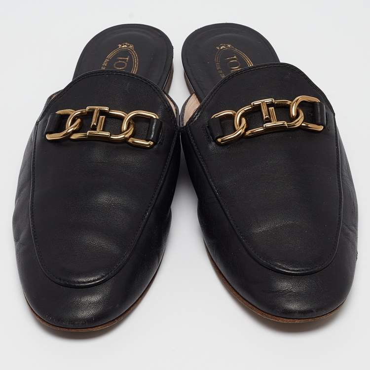 Pre Owned Tod's Black Leather Slip On Mules Size 37.5 