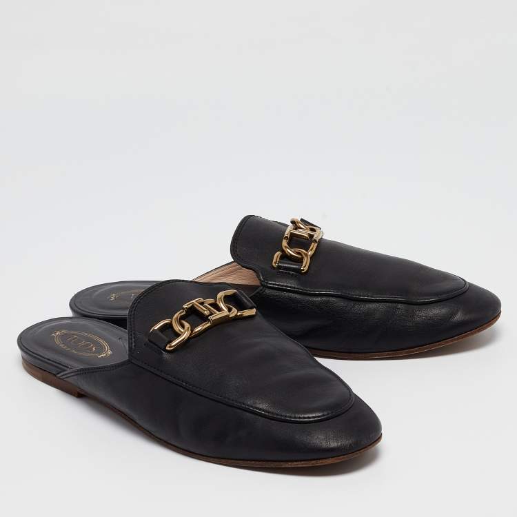 Pre Owned Tod's Black Leather Slip On Mules Size 37.5 