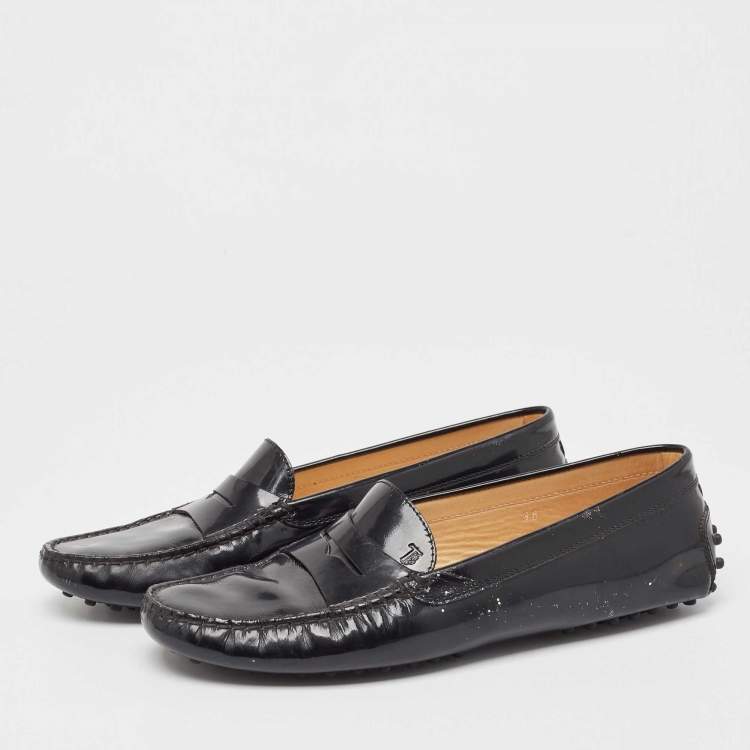 Pre Owned Tod's Black Patent Leather Slip On Loafers Size 38